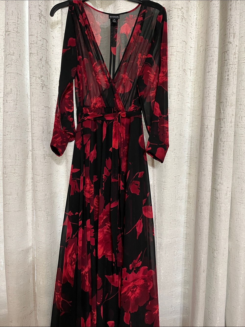 Maggy London Black and Red Floral Surplice Wrap Maxi Dress